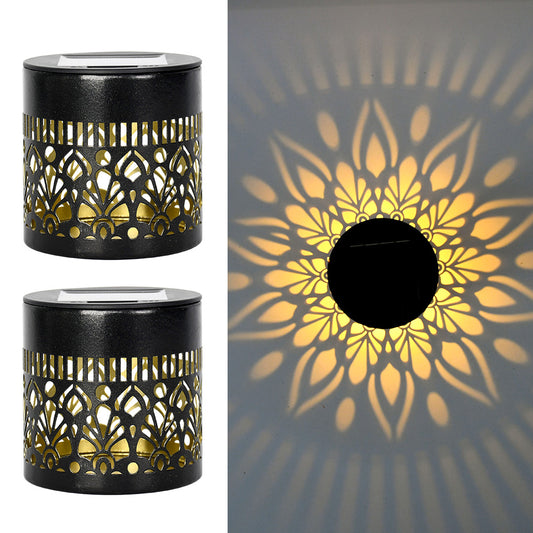 Solar-Powered Wrought Iron Projector Lamp, Outdoor Waterproof Round Wall Lamp, Desktop Lamp, Decorative Ambient Lamp, Seven-Color Lamp
