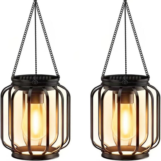 Solar-powered wrought iron lanterns, pendant lights, outdoor garden and courtyard decorative openwork lanterns