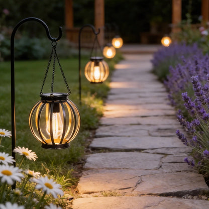 Solar-powered wrought iron lanterns, pendant lights, outdoor garden and courtyard decorative openwork lanterns