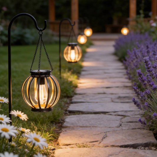 Solar-powered wrought iron lanterns, pendant lights, outdoor garden and courtyard decorative openwork lanterns