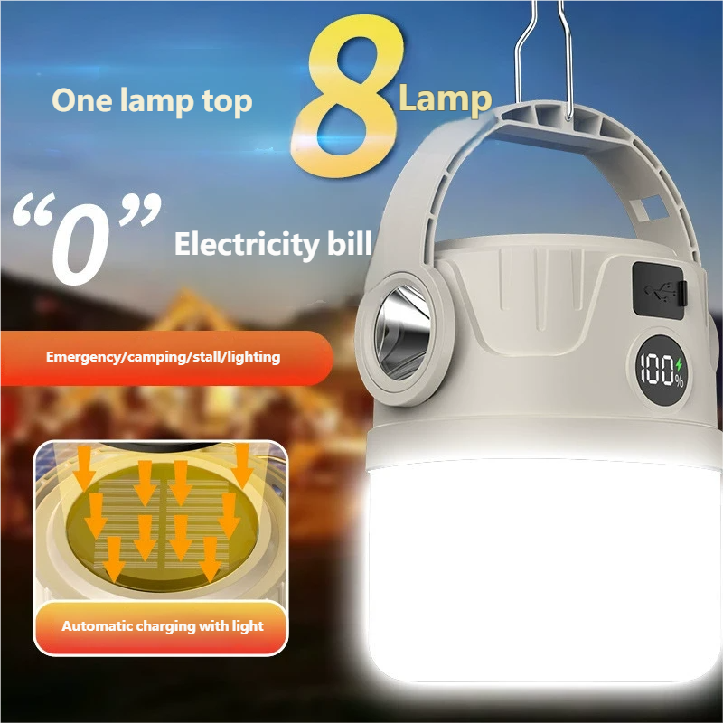 Long-lasting camping light, solar-powered outdoor rechargeable tent light, emergency light, camping light, rechargeable lighting.