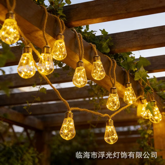 Outdoor Waterproof Camping Solar Hemp Rope String Light, Garden Copper Wire Light, Christmas Bulb Light