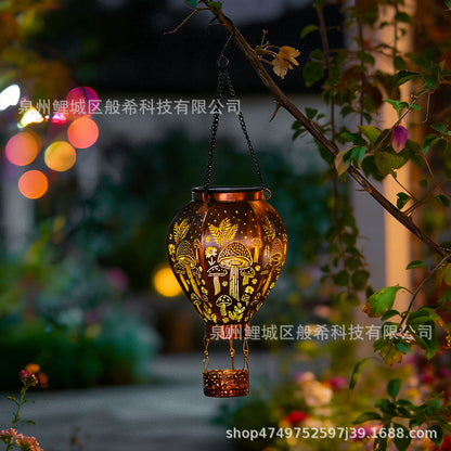Solar Hot Air Balloon Wrought Iron Hanging Light, Garden Hot Air Balloon Hanging Light, Outdoor Courtyard Decoration, Hollowed-out Projection Light