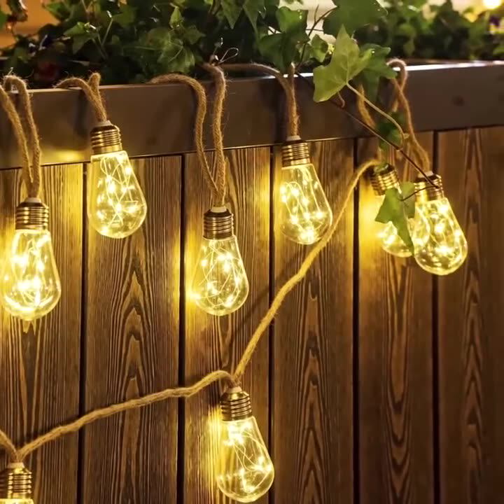 Outdoor Waterproof Camping Solar Hemp Rope String Light, Garden Copper Wire Light, Christmas Bulb Light
