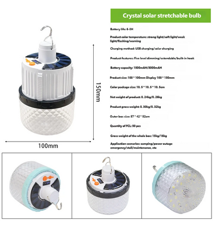 Solar-powered retractable LED portable outdoor emergency lighting, USB rechargeable street vendor/night market remote control camping light