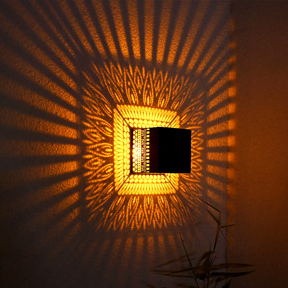Solar Square Wall Lamp Outdoor Waterproof Courtyard Lamp Hollow Projection Wall Hanging Lamp Garden Decoration Landscape Lamp