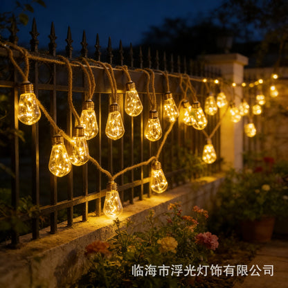 Outdoor Waterproof Camping Solar Hemp Rope String Light, Garden Copper Wire Light, Christmas Bulb Light