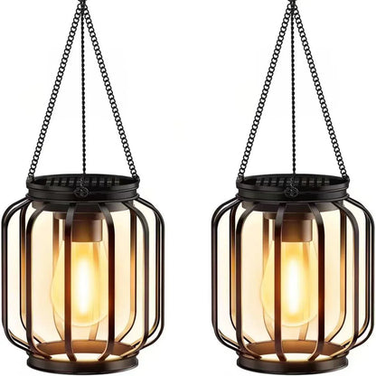 Solar-powered wrought iron lanterns, pendant lights, outdoor garden and courtyard decorative openwork lanterns