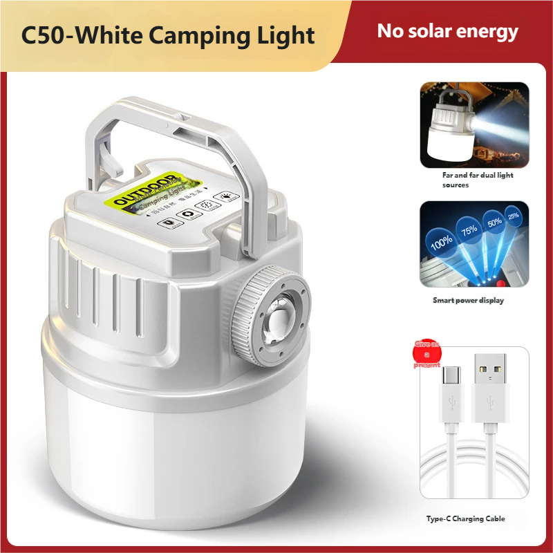 Long-lasting camping light, solar-powered outdoor rechargeable tent light, emergency light, camping light, rechargeable lighting.