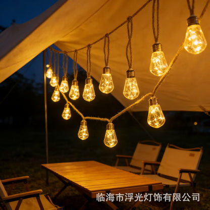 Outdoor Waterproof Camping Solar Hemp Rope String Light, Garden Copper Wire Light, Christmas Bulb Light