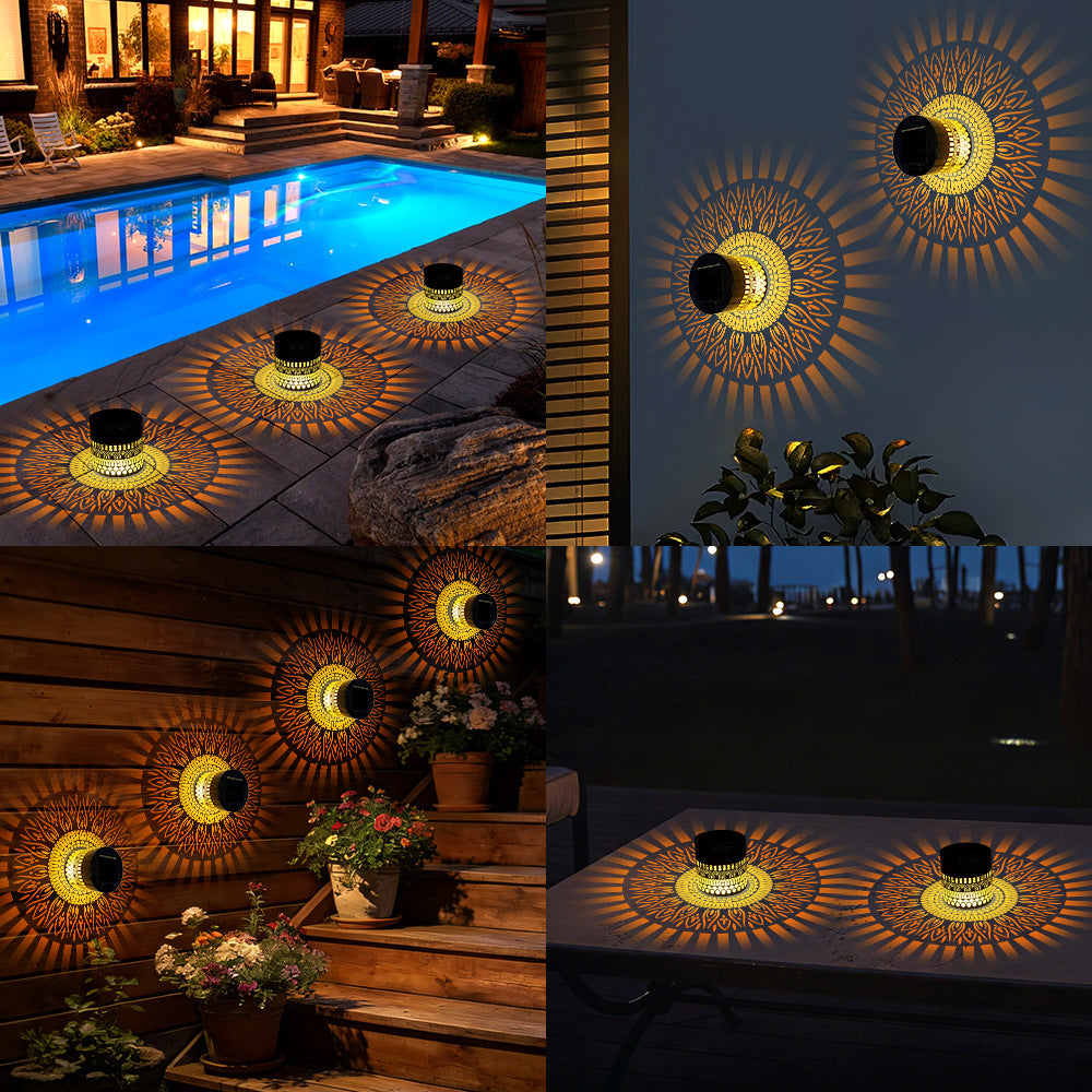 Solar-Powered Wrought Iron Projector Lamp, Outdoor Waterproof Round Wall Lamp, Desktop Lamp, Decorative Ambient Lamp, Seven-Color Lamp