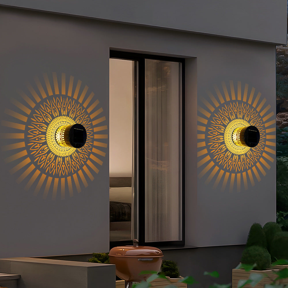 Solar-Powered Wrought Iron Projector Lamp, Outdoor Waterproof Round Wall Lamp, Desktop Lamp, Decorative Ambient Lamp, Seven-Color Lamp