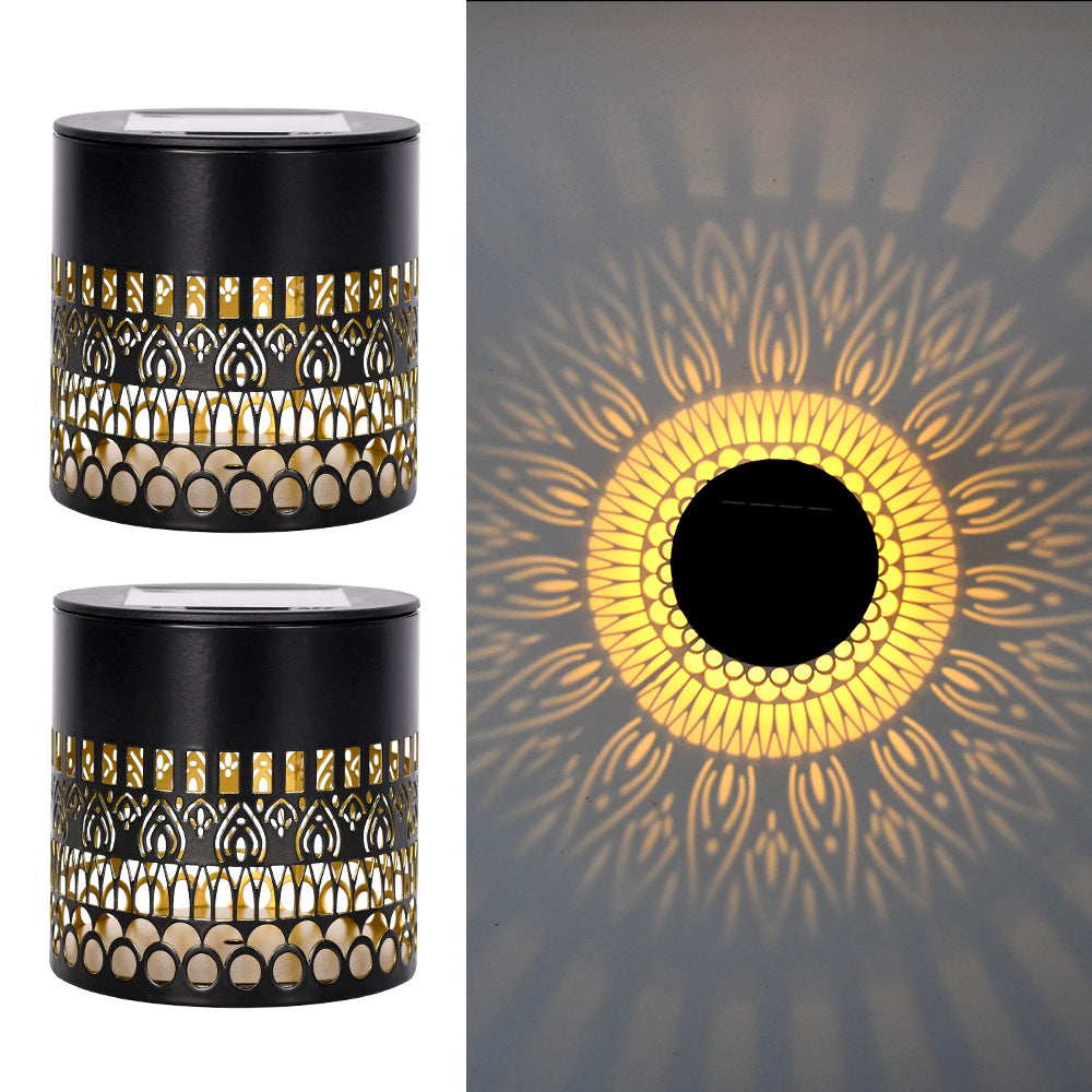 Solar-Powered Wrought Iron Projector Lamp, Outdoor Waterproof Round Wall Lamp, Desktop Lamp, Decorative Ambient Lamp, Seven-Color Lamp