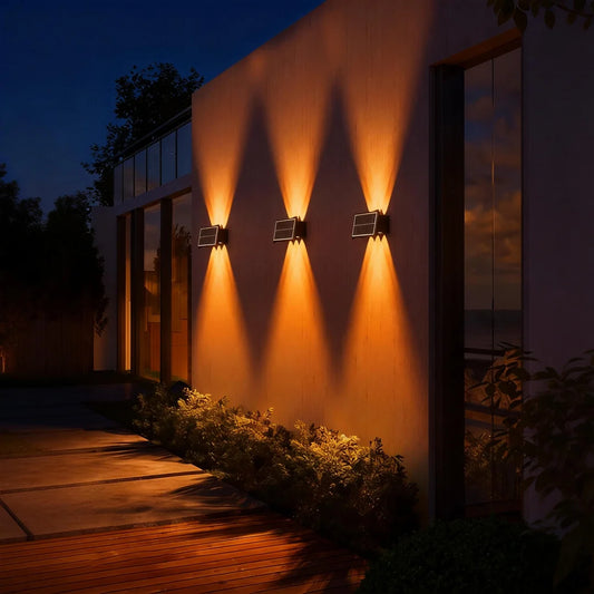Solar-powered waterproof wall washer light for home, courtyard, garden, and villa decoration; ambient spotlight with adjustable brightness.